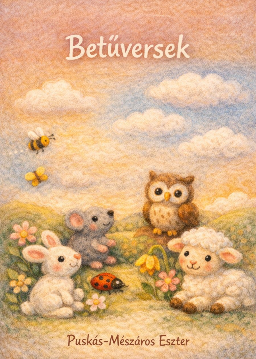 A Betűversek verseskötet borítója: virágos réten nyuszi, egér, bagoly és bárány, felettük méhecske és pillangó.