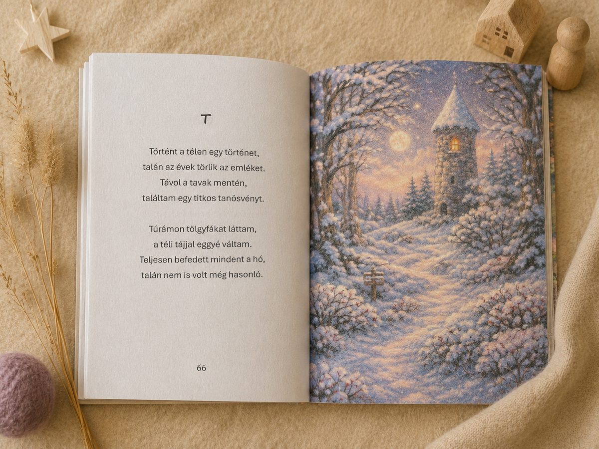 Nyitott Betűversek könyv a T betűs verssel és egy holdfényes téli tájat ábrázoló illusztrációval.
